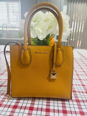 MICHAEL KORS Mustard Yellow Pebbled Leather Convertible Crossbody to Handbag